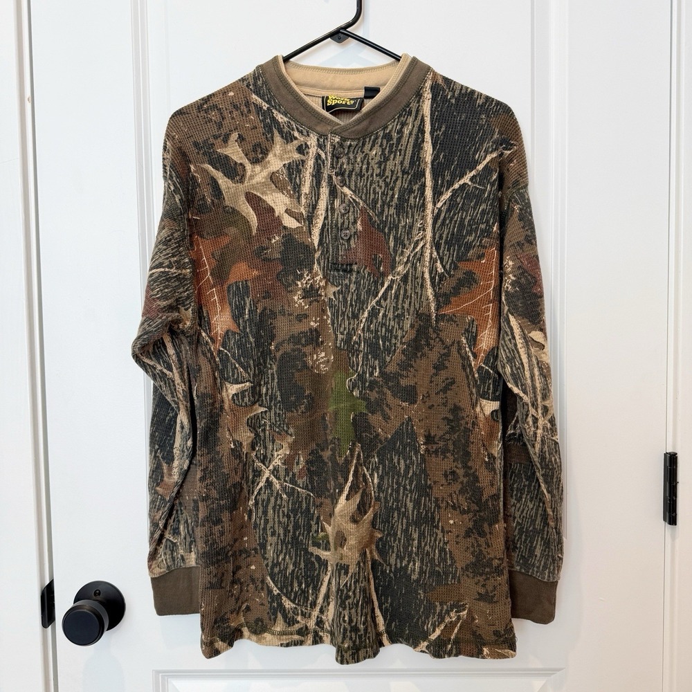 Work N Sport Mens Camo Waffle Knit Thermo Henley Top Medium Layer Outdoor Hunter